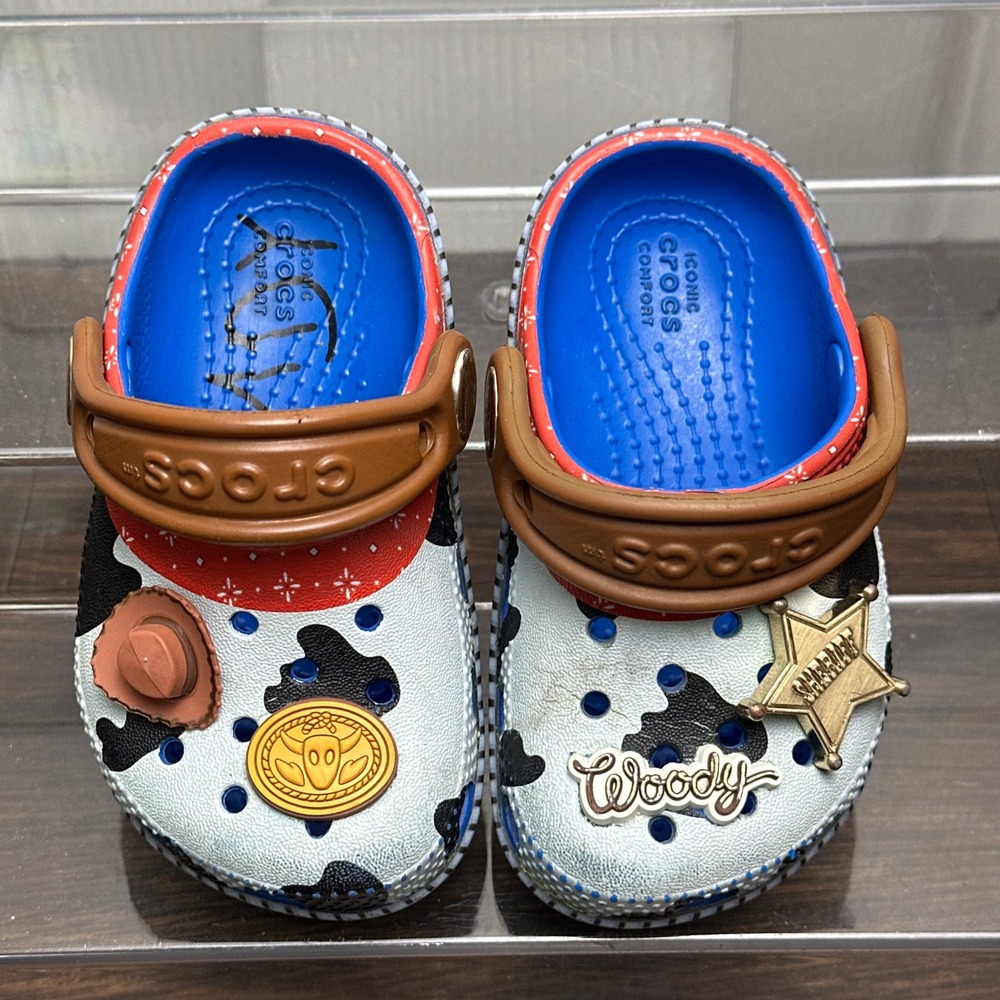 Crocs Toy Story Woody Cowboy Clogs Kids Size C5 Cow Print Jibbitz Blue ANDY